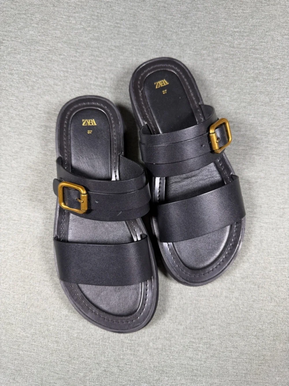 ZARA Black Leather-Look Double Strap Slides with Gold Buckles - Picture 1 of 3
